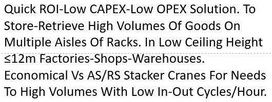 Quick ROI-Low CAPEX-Low OPEX Solution. To Store-Retrieve High Volumes Of Goods On Multiple Aisles Of Racks. In Low Ceiling Height ≤12m Factories-Shops-Warehouses. Economical Vs AS/RS Stacker Cranes For Needs To High Volumes With Low In-Out Cycles/Hour. 