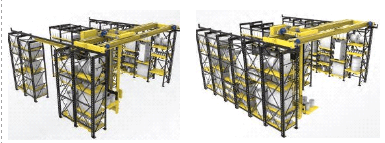 Runs Without Touching Floor, Saving Flooring Costs. Unlike Stacker Cranes Can Pick-Place Goods Directly From Ground. Easy Integration With Pallet Stacker, Conveyors AGV, etc. Racks Can Be Arranged With Multiple Entries-Exits Offering Substantial Flexilibility In Shop Layout. 